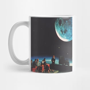 Moonlit Diner,Retro Style Illustration of People Dining Under a Giant Moon Mug